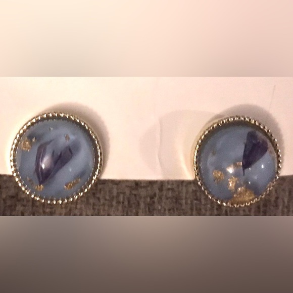 “Navy Calla Lily Petals” Blue Pressed Preserved Dried Flower Gold Flake Orb Stud - Picture 15 of 16